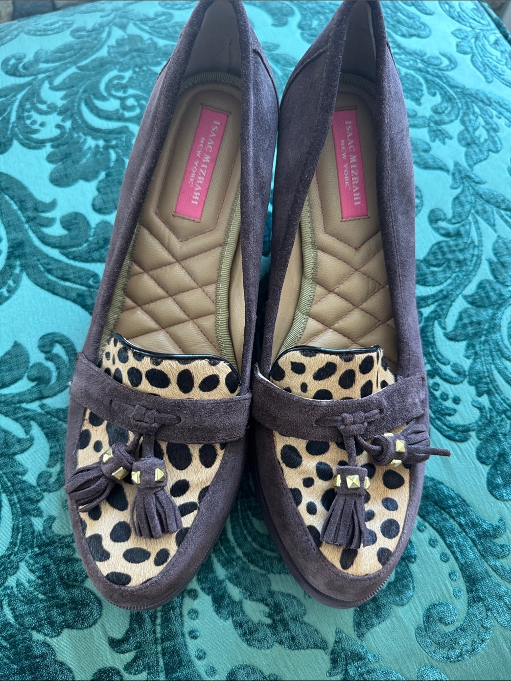 Isaac Mizrahi Brown Suede Loafers with Leopard Print Tassels